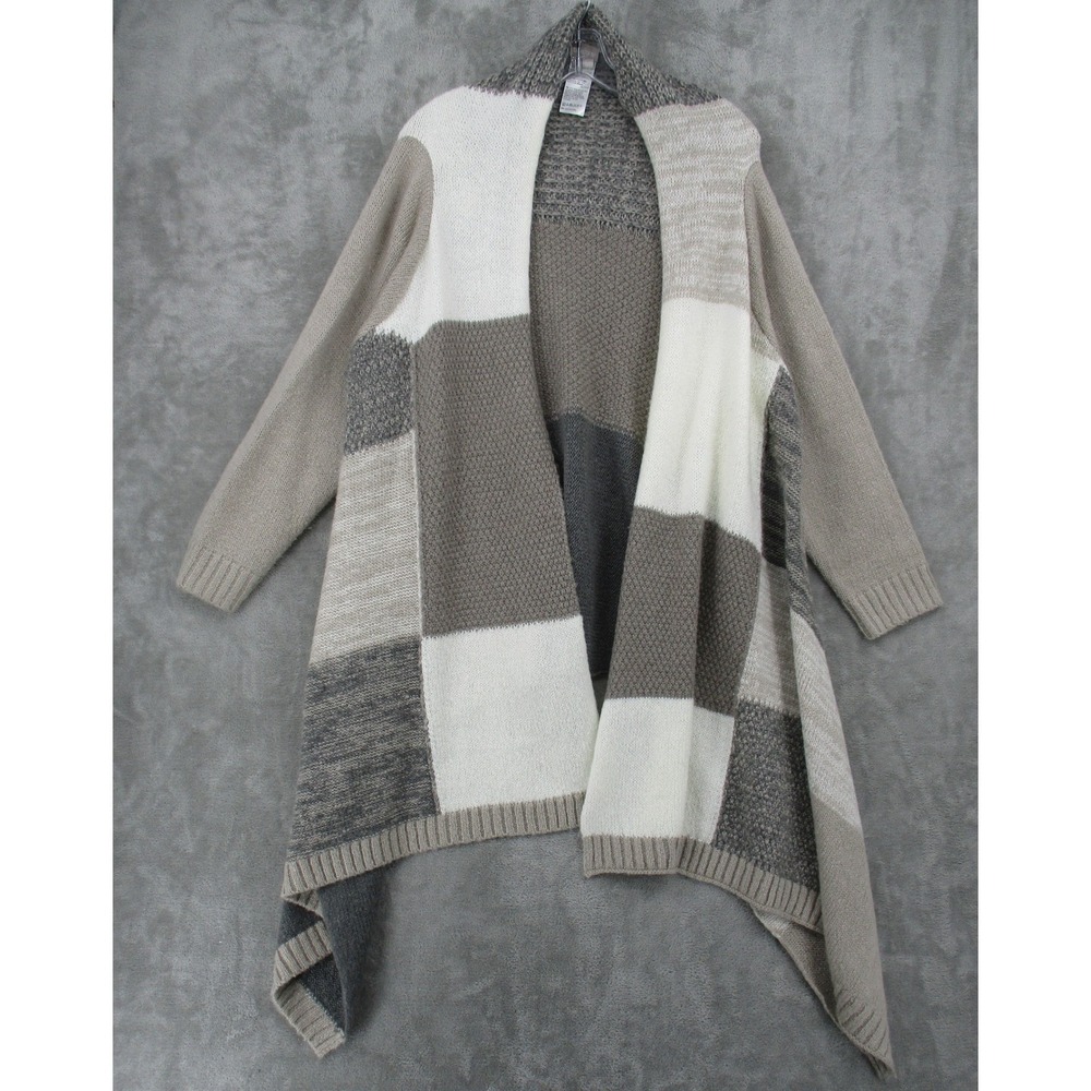 Chicos Sweater 3P US XL Petite Patchwork Duster Cardigan  Waterfall Draped Cozy